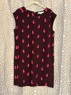 LOFT Maroon Shift Dress with Hot Pink Cat Motif 6P